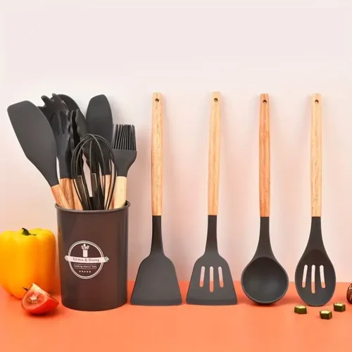12pcs Silicone Utensil Set With Wooden Handle
