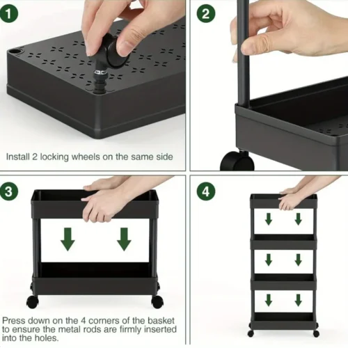 4-Tier Rolling Storage Cart with Wheels Black Plastic Organizer with Metal Frame for Kitchen