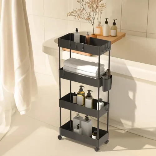 4-Tier Rolling Storage Cart with Wheels Polished Black Plastic Organizer with Metal Frame for Kitchen