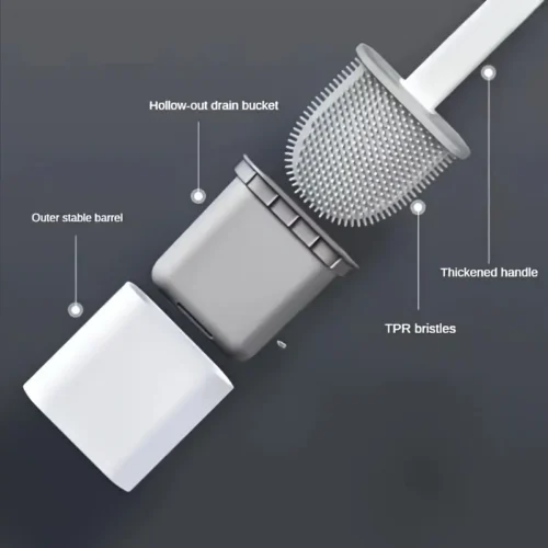 Silicone Toilet Brush Set with Base Long Handle Soft Bristles Reusables