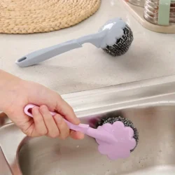 Stainless Steel Wire Ball Kitchen Brush with Long Handle