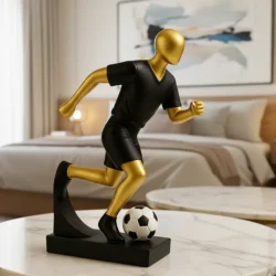 Golden Fiber Footballer Statue – Modern Sports Art Decor Piece